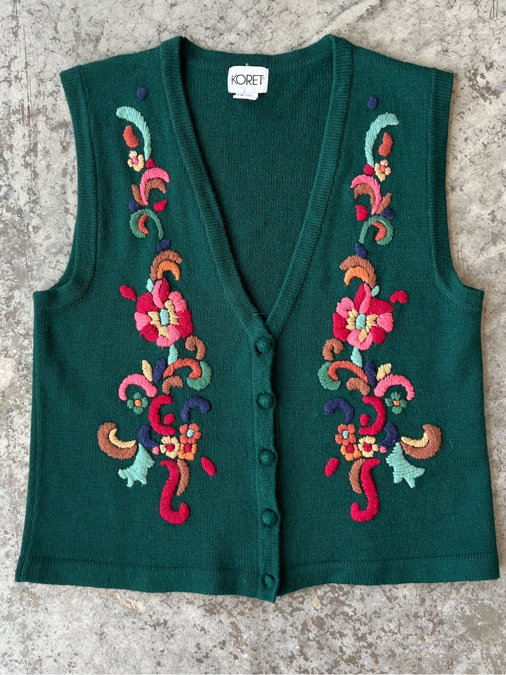 Koret Green Floral Embroidered Button Sweater Vest Wool Blend Fairy Womens Large